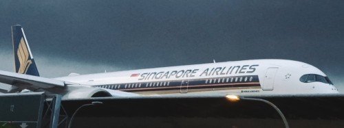 Singapore Airlines Plane crossing the Changi Airport's South Cross Bridge.